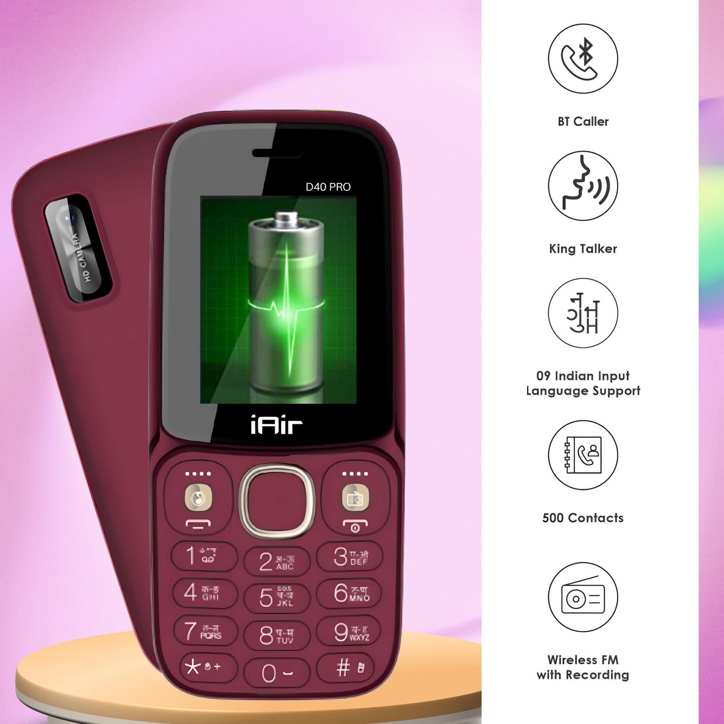 iAir D40 Pro Dual Sim Keypad Phone & Wired Earphone Combo | 1200 mAH Battery & Big 1.8 Inch Display |Expandable Storage 128gb