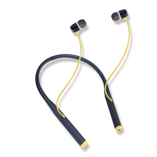 iAir Rockstar New | 50 Hrs playtime | Deep Bass | 10mm Driver | Dual Pairing | IPX5 | Bluetooth  (Mate Black & Yellow, In the Ear)