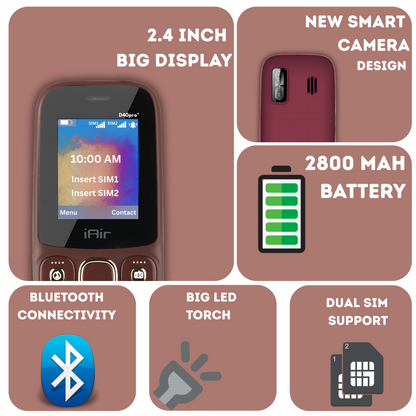 IAIR D40 PRO-Dark Red Keypad Mobile Phone with Wired Earphone | Dual Sim|1.8 Inch Big Display| FM Radio