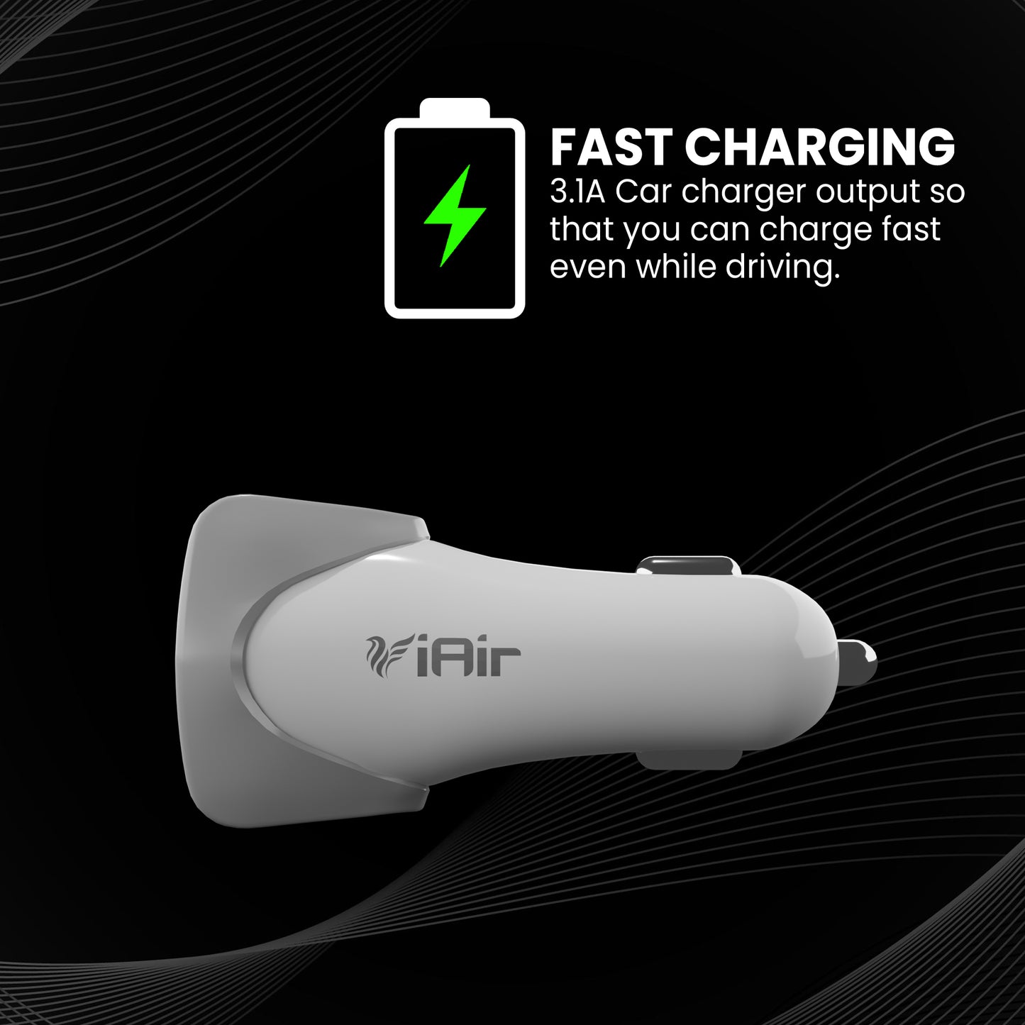 iAir C2 3.0amp Fast Car Charger, Dual USB Output, Multi-Layer Protection, Fast Charging, Compatible with All Cars, Mobiles & Other USB Enabled Devices