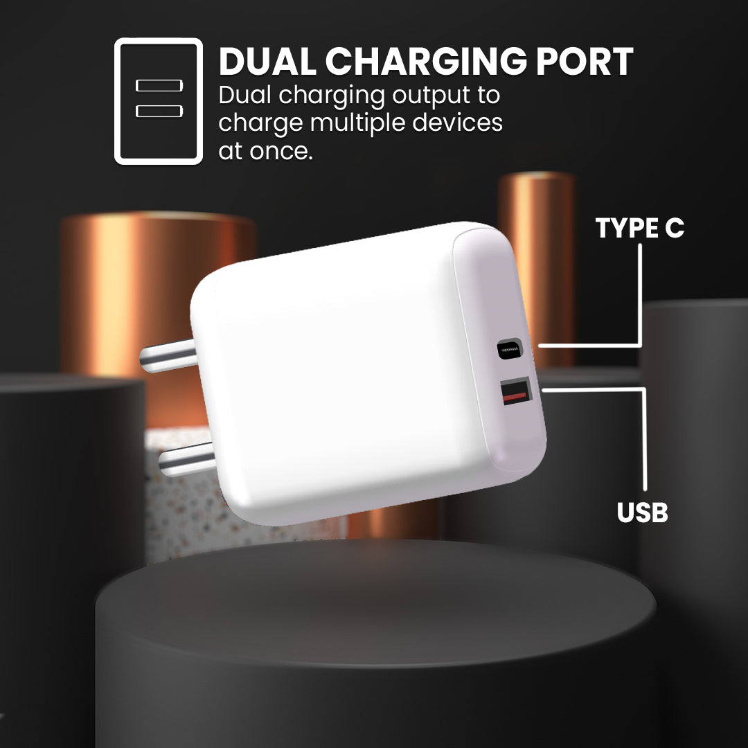 iAir C9 Dual USB Wall Adapter 3.0A Type c Fast Charging Adapter Charger Compatible for vivo, Oppo, Realme, Xiaomi - White