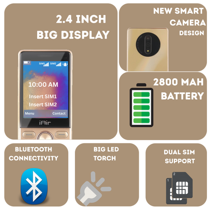 IAIR Y57-Mirror Gold Dual Sim Keypad Phone | 2800 mAH Battery & Big 2.8 Inch Display