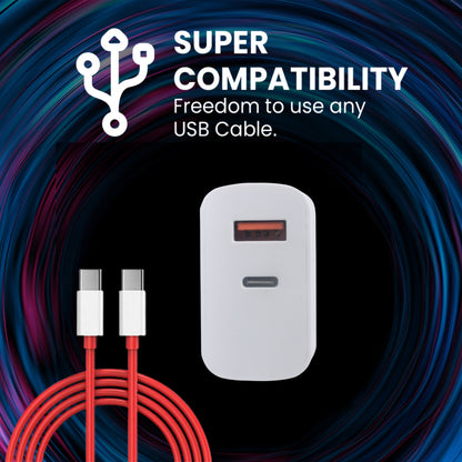 iAir C9 Pro 80W USB & Type-C Dual Output Super Fast Charger Wall Adapter & 1.25 Meter Cable Fast Charging with 3.0A Output Compatible with All Android Mobiles and All C-Type Devices