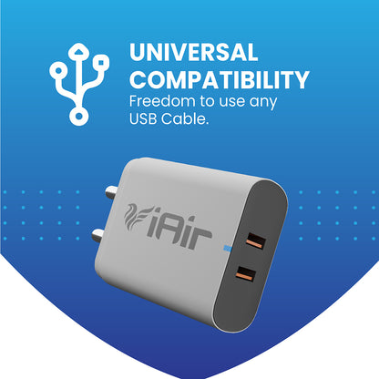 iAir C8 Pro White Wall Charger with Dual USB Ports Adaptor and Type C USB Cable, Fast Charging with 2.6A Output, Temperature Control Compatible with All Android Mobiles and All Devices