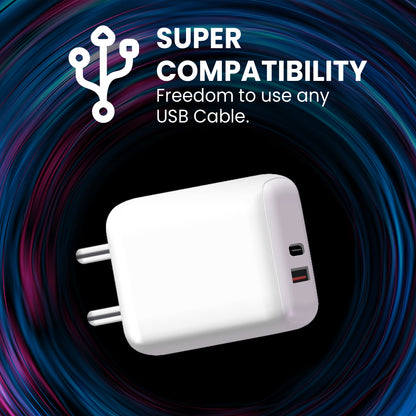 iAir C9 Pro 25W USB & Type-C Dual Output Super Fast Charger Wall Adapter & 1.25 Meter Cable Fast Charging with 3.0A Output Compatible with All Android Mobiles and All C-Type Devices, White
