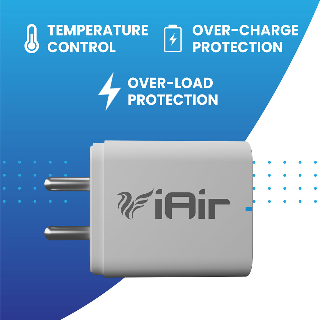 iAir C8 Pro White Wall Charger with Dual USB Ports Adaptor and Type C USB Cable, Fast Charging with 2.6A Output, Temperature Control Compatible with All Android Mobiles and All Devices