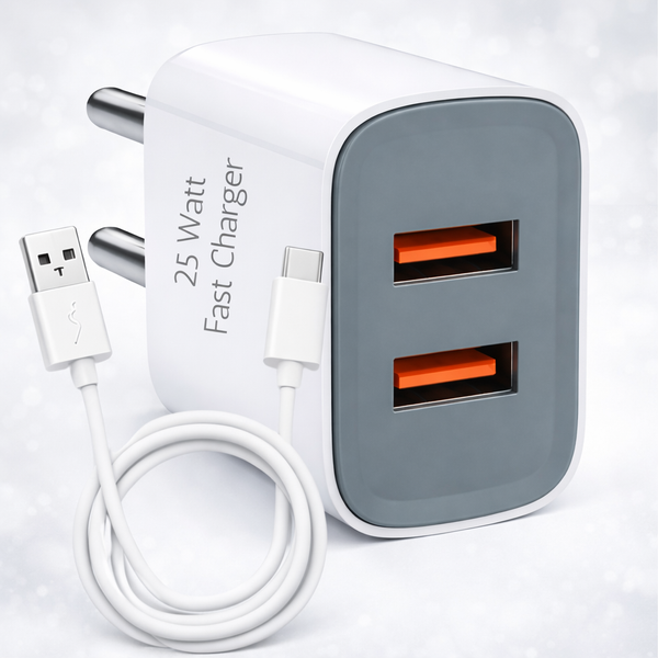 iAir C8 Pro White Wall Charger with Dual USB Ports Adaptor and Type C USB Cable, Fast Charging with 2.6A Output, Temperature Control Compatible with All Android Mobiles and All Devices