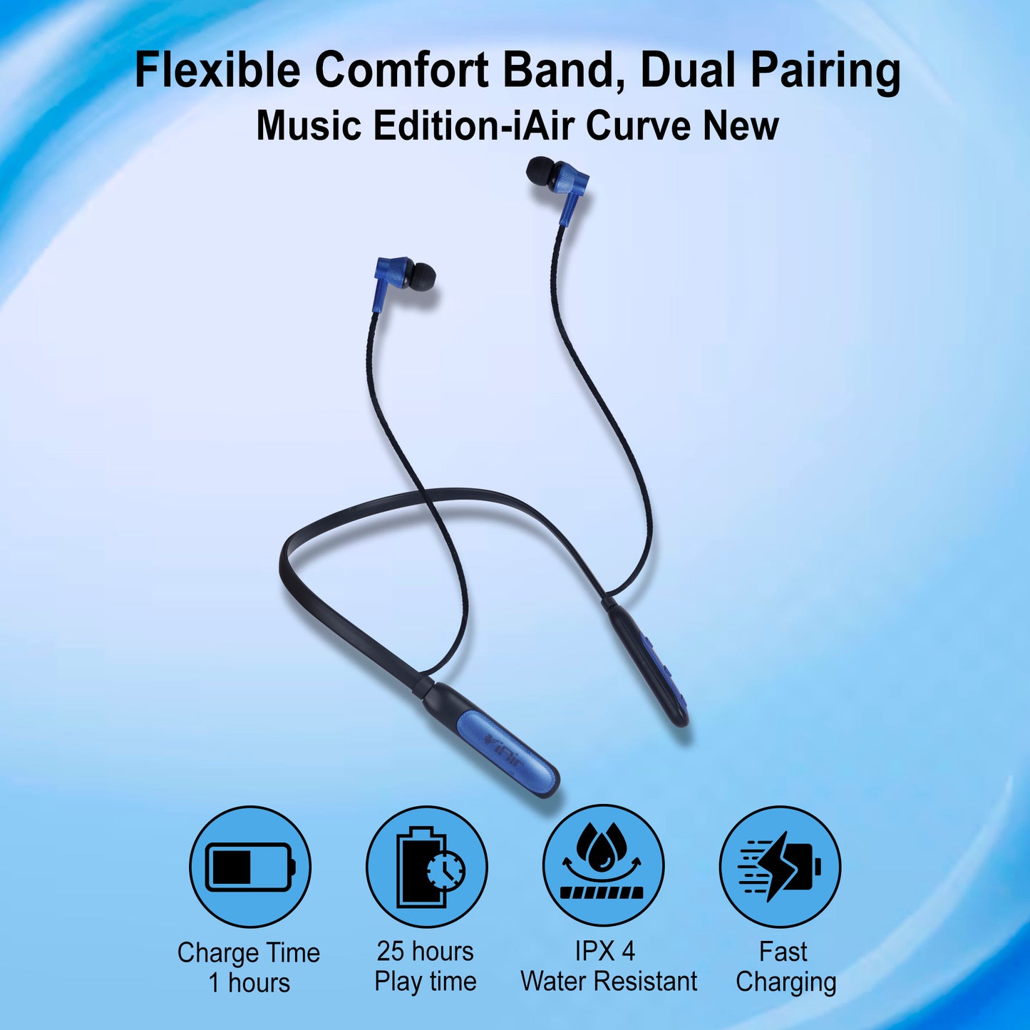 iAir Curve New | 25 Hours Playtime | Super Bass | Dual Pairing | 10mm Driver | IPX4 | Bluetooth Neckband